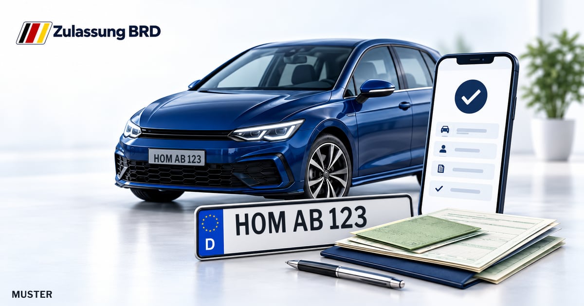 Online Fahrzeugzulassung in Kirkel: Musterkennzeichen HOM AB 123, Auto und Fahrzeugpapiere und Smartphone. Illustration mit Logo von Zulassung BRD.